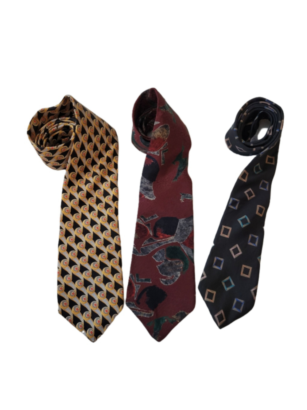 Lot of 3 Mens 100% Silk Ties Tom James Mario Valentino Perry Ellis Geometric 90s